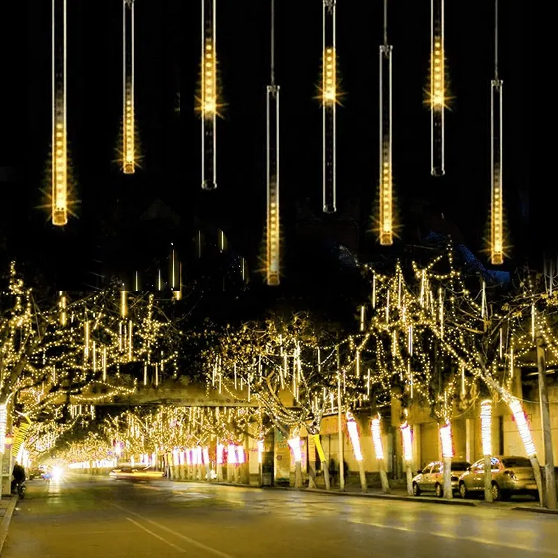 유성 샤워 조명 8 튜브 방수 LED 조명 떨어지는 비 요정 조명 크리스마스 웨딩 파티 나무 정원
