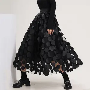 OUDINA Fashionable Chic Spliced Mesh Black Elastic High Waist Tassel Fringed Casual Puff Skirt Long Skirts For Women