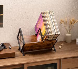 Étagère de rangement vintage en bois réglable à un niveau pour disques vinyles, albums, magazines, livres et dossiers - Product Image 3