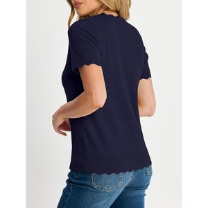 FOXA Pull en tricot côtelé à manches courtes et col en V pour femme, haut décontracté léger d'été - Product Image 6