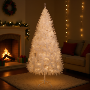 Sapin de Noël floqué blanc FCH de 2,4 m avec lumières LED chaudes, décoration intérieure élégante, base de support facile à installer - Product Image 2