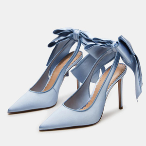 <b>Big</b> Size 44 Women Silk High Heels Sandals Summer Pointed Toe Pumps Back <b>Bow</b> Wedding Shoes Dress Stiletto Slingback - Product Image 5
