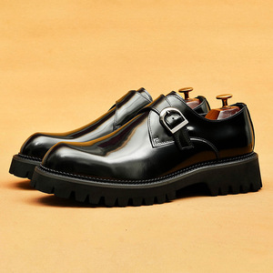 Chaussures habillées pour hommes en cuir véritable noir, à boucle, bout rond, semelle extérieure en caoutchouc antidérapante, toutes saisons - Product Image 2