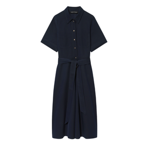 Turn Down Collar Button Up Short Sleeve Solid <b>Navy</b> Midi Shirt Dress With <b>Tie</b> Waist Casual Woven Cotton Dress For Women - Product Image 1