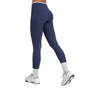 High Waist Seamless Full Length Yoga <b>Leggings</b> Solid Navy Blue Spandex Nylon Four-Way Stretch Ruched Butt Design - Product Image 1