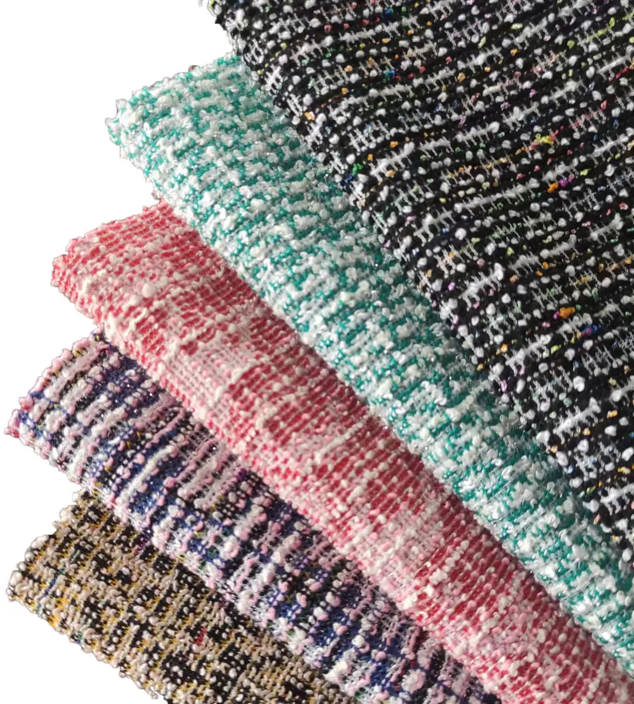 Fábrica de diseñador personalizado Chan-el textura mujer traje elástico TC SP Hacci brillo tejido Jacquard Tweed tela