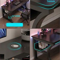 Bureau de jeu noir avec étagère de rangement et support pour processeur, poste de travail informatique simple avec éclairage RGB pour les joueurs