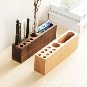 Wooden Pen Holder <b>Square</b> Multi-functional Desk Organizer For Office With Business Card Slot And Flower <b>Vase</b> - Product Image 4