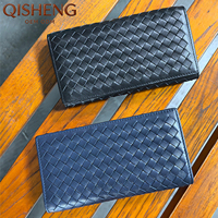 Dompet Kulit Asli Retro Kustom untuk Pria Wanita Kapasitas Besar Banyak Slot Kartu Pola Anyaman Tangan Dompet Panjang Klasik Bisnis