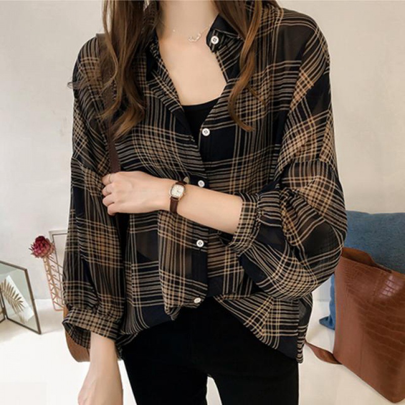 Commercio all'ingrosso di New Donne di Modo Delle Ragazze Plaid Allentato Stampa Bordo Irregolare A Maniche Lunghe Risvolto Button Camicia Casual Top