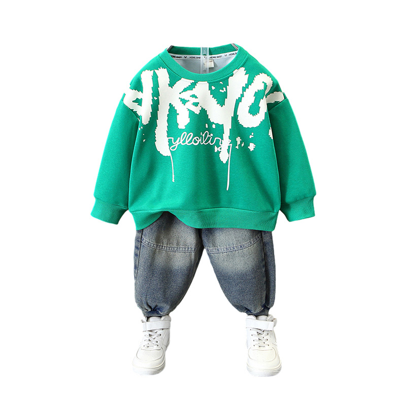 2024 New Baby Boys' Western Style Fashion Pullover Top Children's Spring Autumn Sweater Suit Korean Twopiece Fashionable Outfit