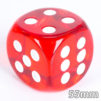 Dés de jeu en résine transparente rouge géante de 55 mm avec logo couleur personnalisé, coins arrondis lisses et points blancs