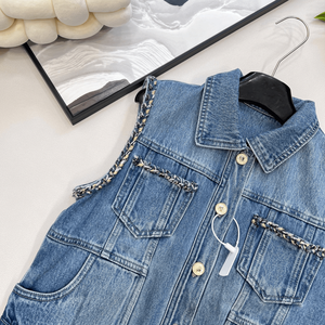 Chaleco vaquero sin mangas para mujer con ribete de tweed, abotonado, corto, informal, a la moda, con bolsillos, para ropa de calle - Product Image 3