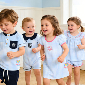 Completi coordinati per fratelli e sorelle, abiti con monogramma e maniche a tazza per ragazze, set di pantaloncini in <span class=keywords><strong>maglia</strong></span> a quadretti blu, set di abbigliamento per bambini - Product Image 1