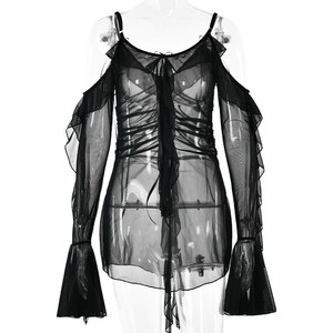 European American Style Halter Neck Sheer Long Sleeve Short Dress Natural Waist Club Wear - Product Image 5