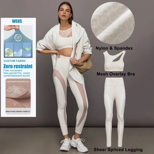 Custom Snow Leopard Print <b>Pattern</b> Yoga Sports Suit Quick Dry Breathable Butt Lift <b>Leggings</b> with Front Logo Mesh Overlay Bra - Product Image 1