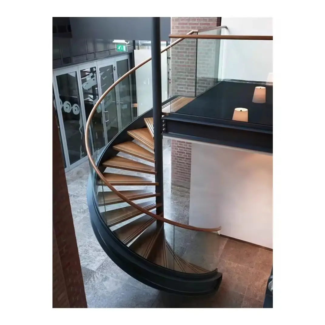 Ev içinde özel tasarım kullanılan Metal cam yuvarlak şekilli yüzer merdiven lamine temperli cam kavisli merdiven