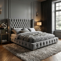 Lit plateforme capitonné moderne en velours gris de luxe avec tête de lit à ailes, taille King, mobilier de chambre d'hôtel