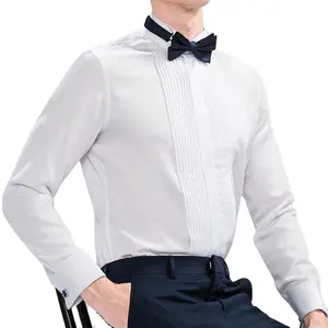 Camisas smoking masculinas personalizadas, camisas com abotoaduras, manga longa, plissadas, frente, branca, para casamento