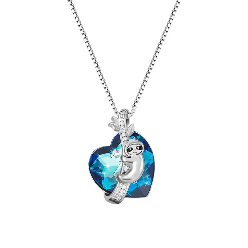 New YINSAKI 925 Sterling Silver Zircon Animal Necklace Rhodium Plated Sloth Pendant Austrian Crystal Heart Necklace