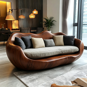Organic Modern Sculpted Wood Ergonomic Curved Lounge Couch with Plush <b>Cushion</b> for High-End Residential Use - Product Image 3