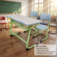 Meubles de classe : Bureau et chaise scolaires doubles combinés pour 2 élèves, bureau scolaire double universitaire, bureau scolaire en bois