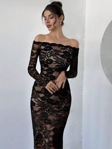 Nuovo Elegante <span class=keywords><strong>Abito</strong></span> Lungo da Donna con Spalle Scoperte e Inserti <span class=keywords><strong>in</strong></span> <span class=keywords><strong>Pizzo</strong></span>, <span class=keywords><strong>Maniche</strong></span> <span class=keywords><strong>Lunghe</strong></span>, Vestito Versatile per Uso Quotidiano e Casual - Product Image 1