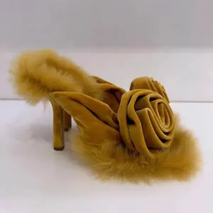 yellow suede materials women fluffy slides high heeled mule sandals with rose flowers
