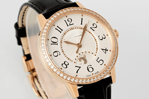 Montre mécanique ronde pour femme, boîtier couleur or rose, lunette sertie de diamants, phase de lune, bracelet en cuir véritable, cadran analogique, 38 mm - Product Image 5