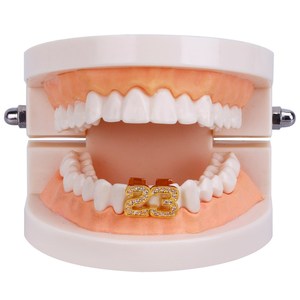 Grillz para dientes con microincrustaciones de circonita, diseño de bracket dental número 23, en oro y plata, estilo Hip Hop, unisex, para uso diario. - Product Image 3