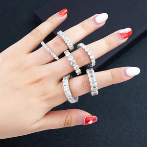 925 Sterling <b>Silver</b> Hip Hop Cuban Eternity Band <b>Emerald</b> Cut 4x6mm VVS Moissanite Prong Set Rhodium/Platinum Plated Full <b>Rings</b> - Product Image 3