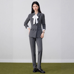 Women's Suit Set Navy Blue Double Breasted Blazer Pants Anti-Wrinkle Office Lady Autumn Formal Wear - Product Image 2