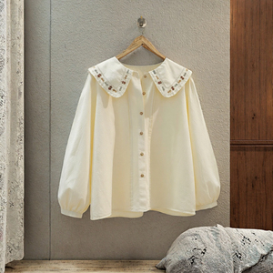 Blusa de Algodón Crema para Mujer con Cuello Peter Pan, Bordado, Manga Abullonada, Corte Holgado, Estilo Vintage Lindo para Primavera/Verano - Product Image 3