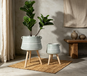 Chevron Pattern Waisted Barrel Tripod Plant <b>Pot</b>, Embossed Decorative Standing <b>Flower</b> Planter Indoor Outdoor Home Garden - Product Image 2