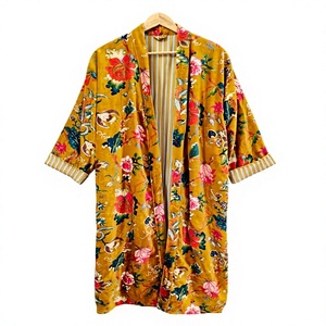 Robe kimono à imprimé floral orange, manches longues, longueur longue, 100% coton, veste pour femme, printemps/hiver - Product Image 1