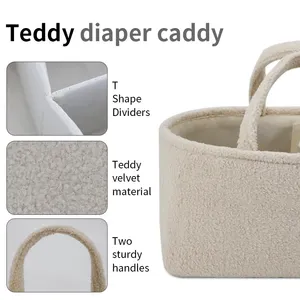 High Quality Eco-friendly Teddy Fleece Diaper Caddy Tote Mommy Nursery Bag With Handles And Sectional Dividers