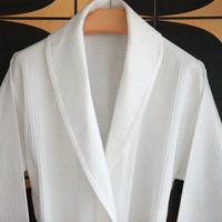 Peignoir Gaufré en Coton 100% Personnalisé avec Logo, Col Châle, Unisexe Hommes et Femmes, Blanc, Robe de Bain pour Hôtel