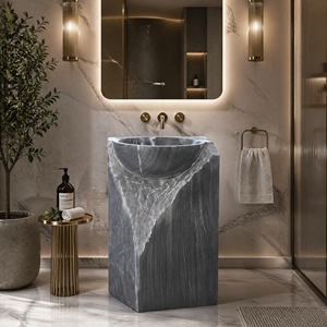 Poulars Wholesale Luxury Wall-mounted Natural Stone Man Made Wash Pedestal Hand Washing Sink Grey Wood Marble Stone Basin - Product Image 1