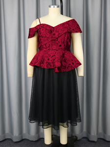 AM050344SET Asymmetrical Peplum Jacquard <strong>Top</strong> <strong>Tulle</strong> a Line Skirt Patchwork Women Formal Two Pieces Sets - Product Image 5