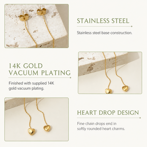 Pendientes de Corazón en Acero Inoxidable con Baño de Oro de 14K, Cadena Colgante, 12 x 10 mm, 1.1 g - Product Image 3