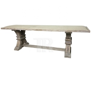 Banc sur piédestal fait main en lin neutre avec cadre en olivier récupéré et clous en laiton antique - Product Image 1