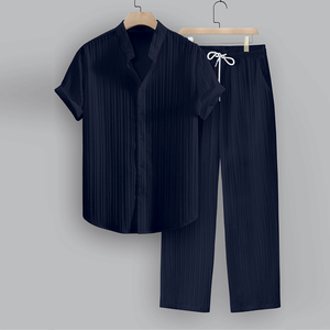 Completo da Uomo Due Pezzi Semplice <span class=keywords><strong>e</strong></span> Casual da Lavoro con <span class=keywords><strong>Camicia</strong></span> a Maniche Corte con Colletto alla Coreana <span class=keywords><strong>e</strong></span> Pantaloni a Tinta Unita - Product Image 1