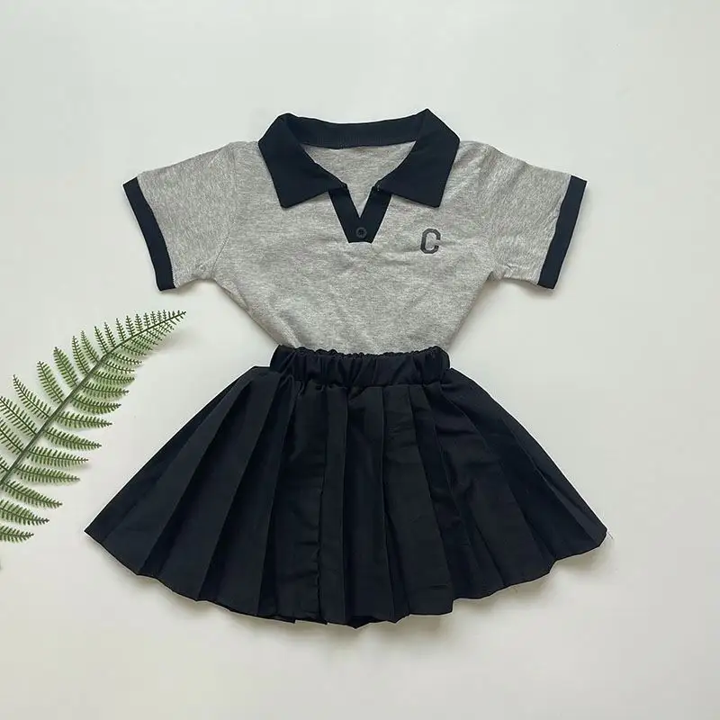 Girls clothing sets Letter Splice Short Sleeve+Solid Pleated Skirt Summer Girls' Casual Short Sleeve Two Piece Set