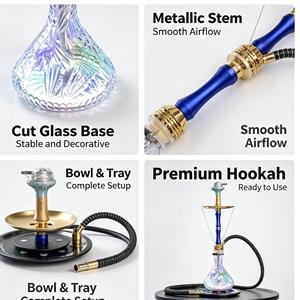 Blue Glass Hookah Modern Shisha Pipe Gold Tone Metal Base Clear Carved Bottle Lounge <b>Bar</b> Use - Product Image 6