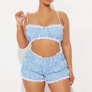 เสื้อครอปฤดูร้อน & กางเกงลายตารางจับจีบแฟชั่นแนวแฟชั่นสำหรับผู้หญิง - Product Image 3