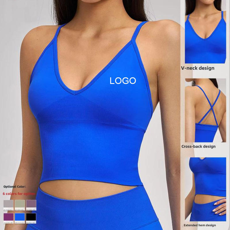 Women Yoga Top Deep V Neck Cross Back Workout Tank Top Seamless Ribbed Sleeveless Fitness Vest Quick Dry Elastic Women Gym Top