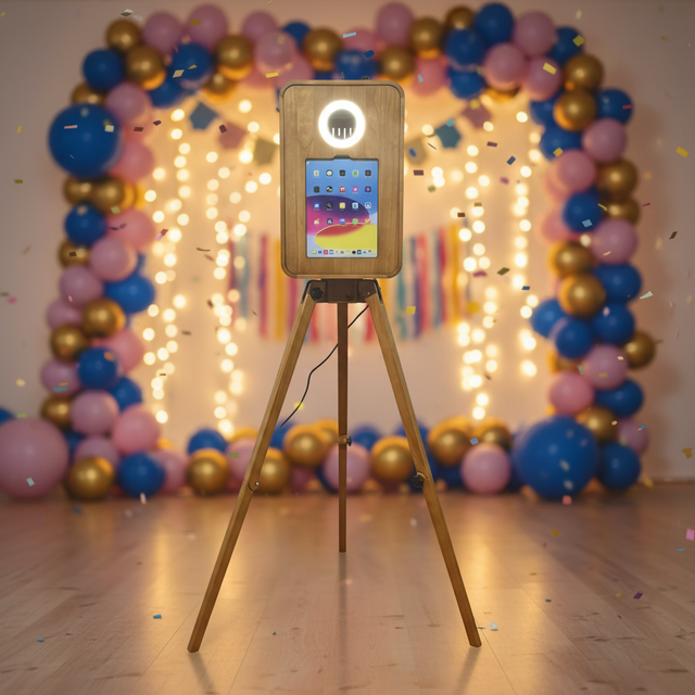 Natural Wood iPad Photo Booth Shell with LED Ring Light Portable Tripod Stand for Events and Brand Activations
