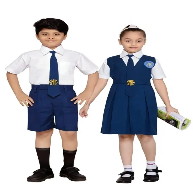 ملابس أطفال وسيم المظهر بشعار مخصص قميص أولاد بنطلون وفستان للفتيات زي مدرسي أزرق للكبار من القطن