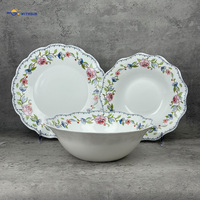 Service de table 18 pièces en verre opale à bord festonné, assiettes et bols à motif floral vintage, vente en gros pour la maison, la cuisine, la salle à manger, cadeau