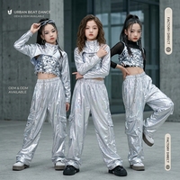 Costume de danse jazz pour filles, robe en soie/coton, paillettes argentées, vêtements tendance et accrocheurs pour enfants, tenue de performance sur la piste